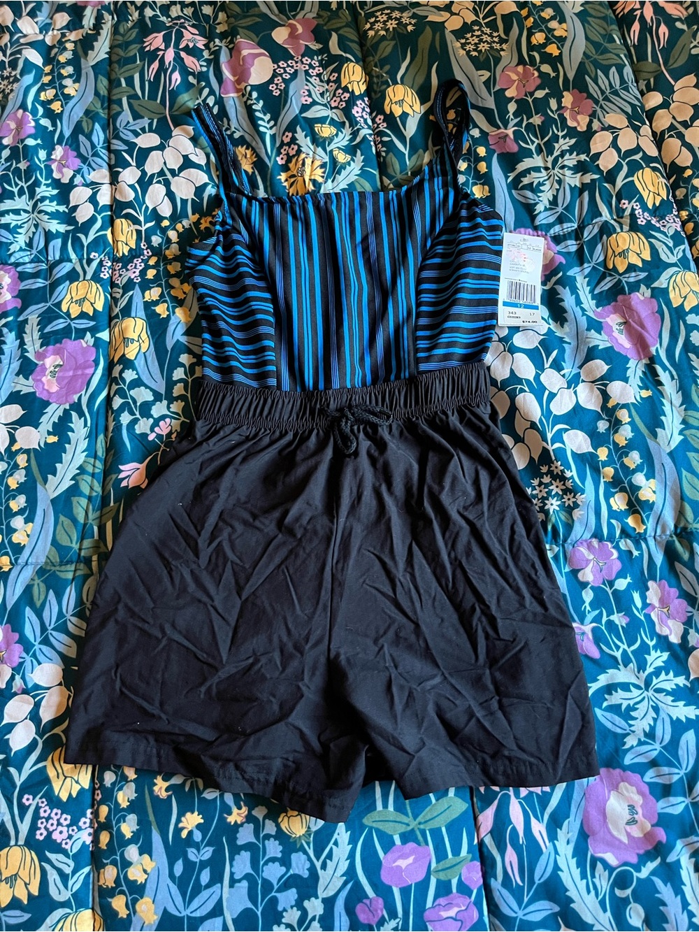 South Point Blue & Black Striped One-Piece Swim Romper Women’s Size 12 NWT
